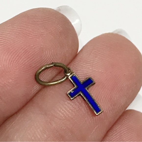 Vintage Tiny Blue Enamel Italian Cross Catholic Necklace Bracelet Pendant Charm - Picture 4 of 14